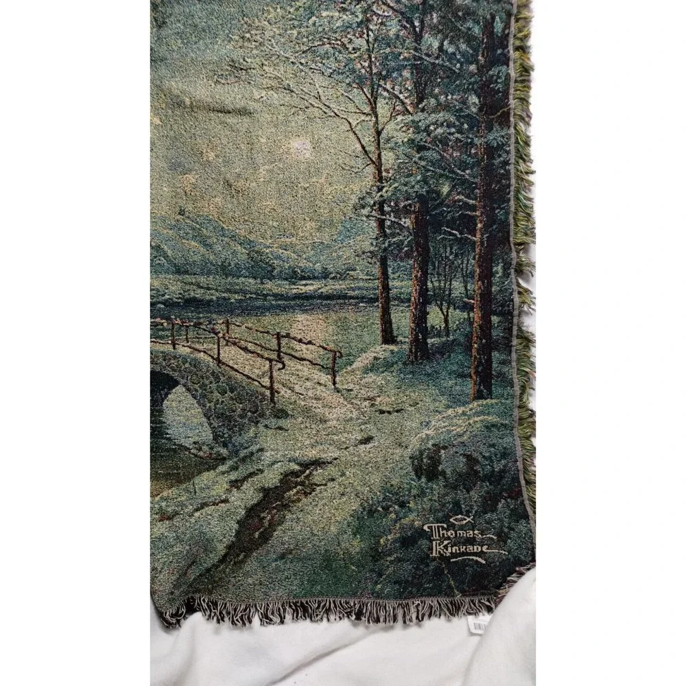 Thomas Kinkade Winter Cottage Tapestry Throw Blanket Snowy Village‎